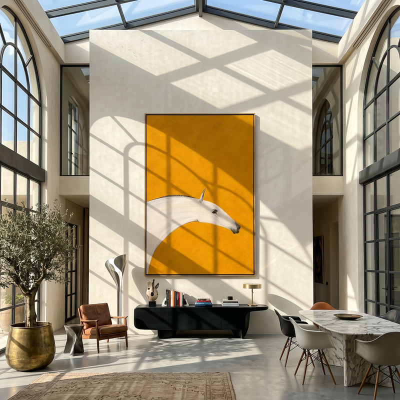 "Ochre Mare" - Minimalist White Horse Painting | Golden Yellow Vertical Animal Wall Art