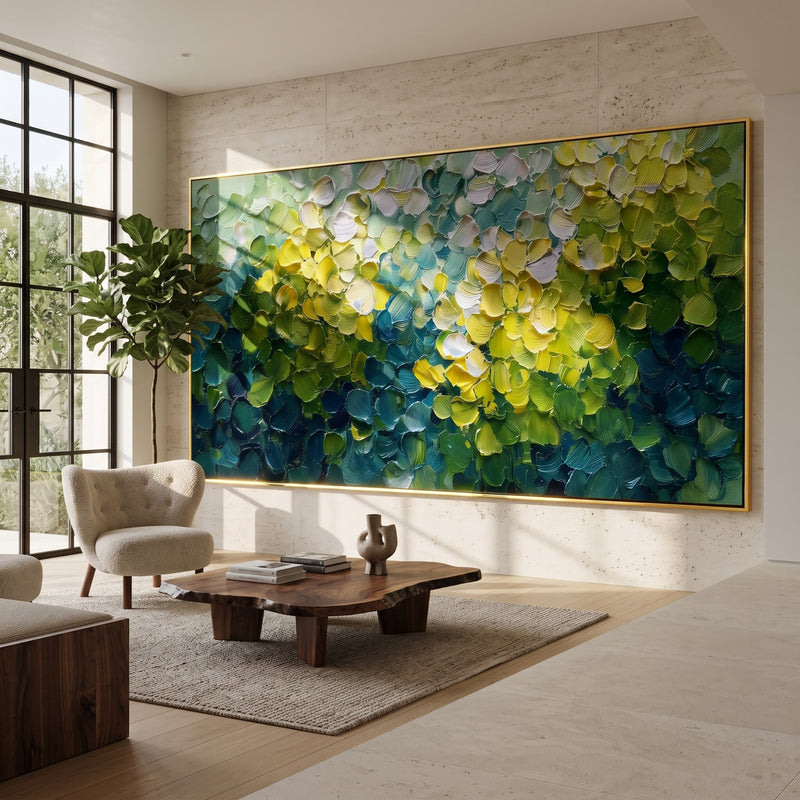 "Lotus Basin" - Green Blue Lotus Leaf Painting | Green Blue Yellow Horizontal Botanical Wall Art