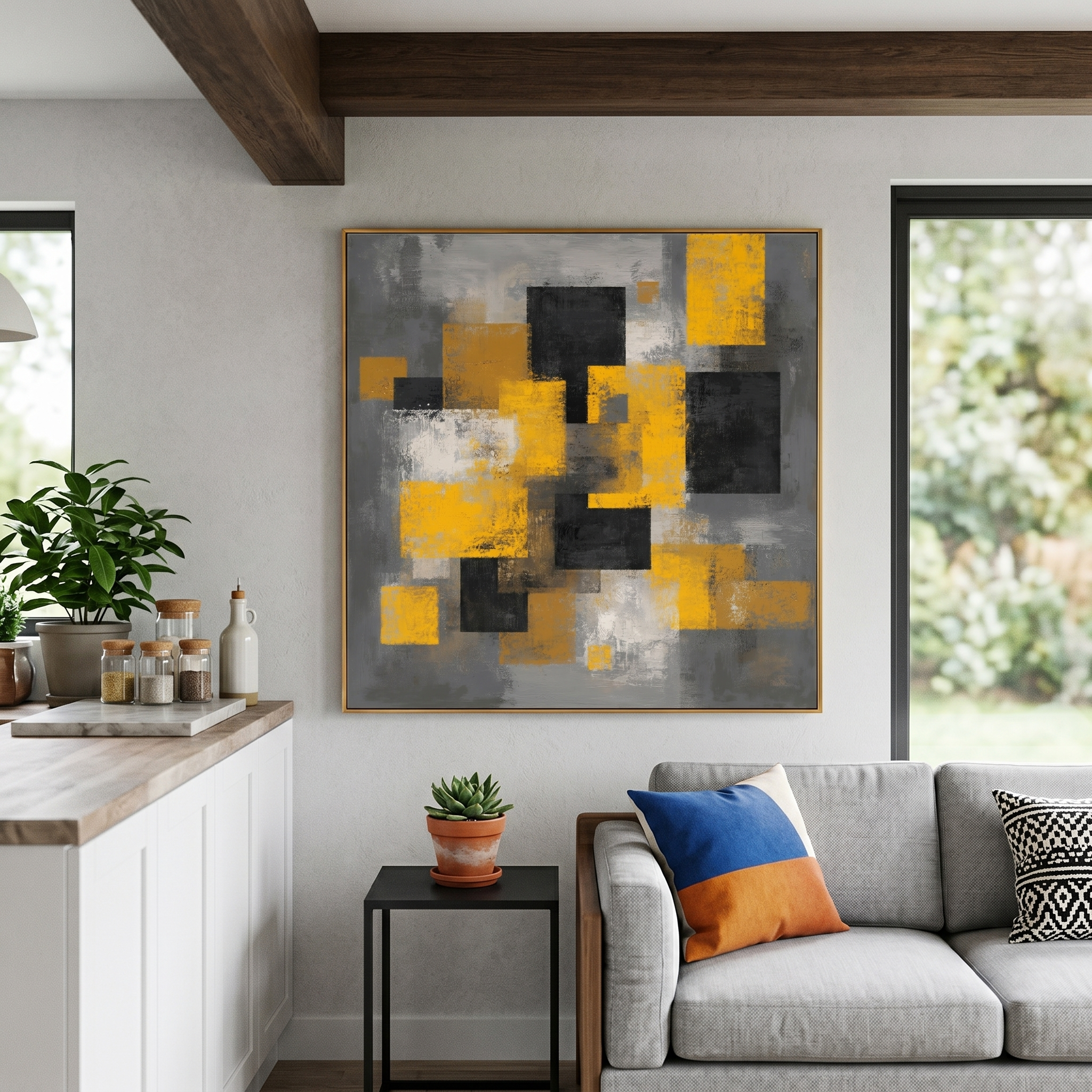 "Urban Kinetic" – Modern Mustard Yellow & Charcoal Grey Abstract Painting | Structured Industrial Wall Art