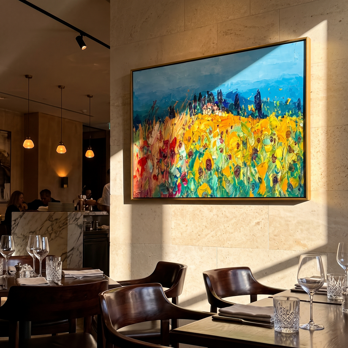 "Meadow Rhapsody" - Colorful Impasto Flower Field Landscape | Blue Sky & Yellow Bloom Wall Art