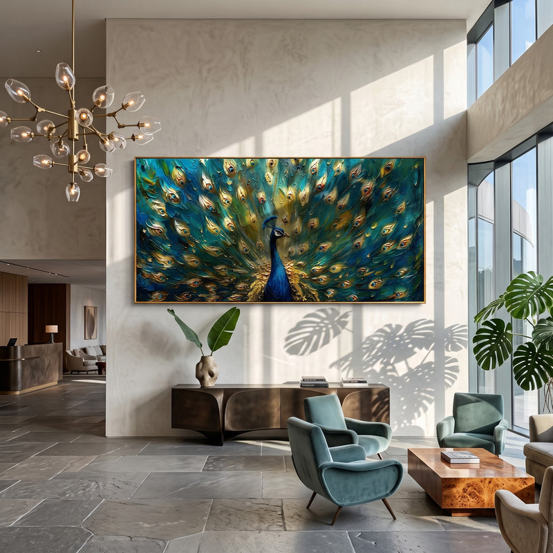 "Emerald Peacock" - Textured Peacock Painting | Green Blue & Gold Animal Wall Art