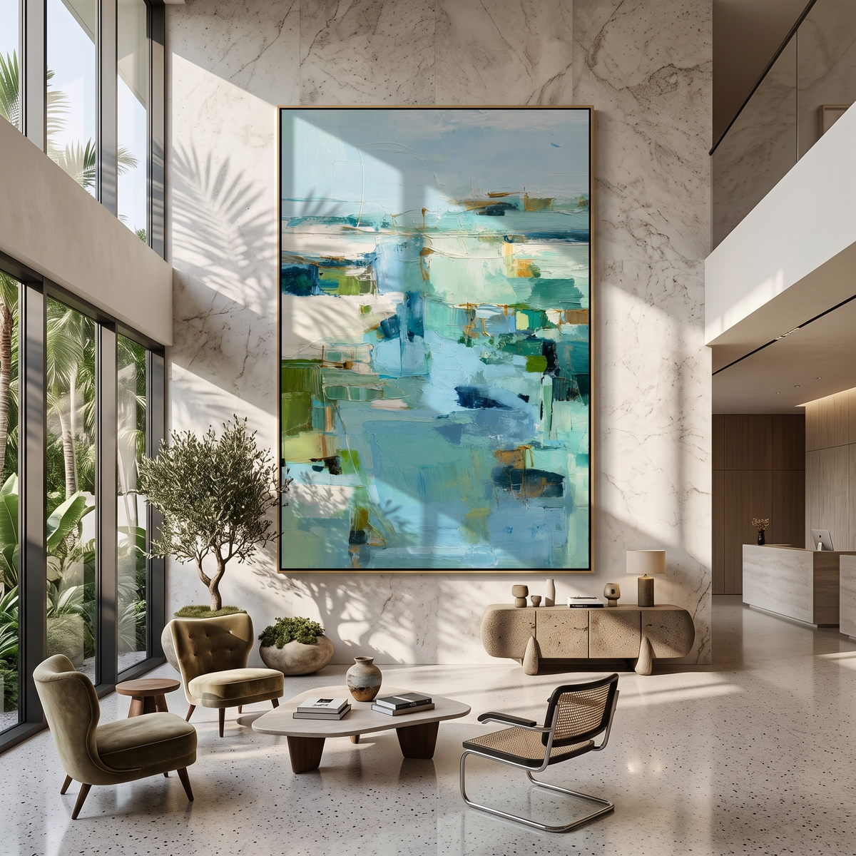 "Aqua Passage" - Soft Abstract Seascape Painting | Blue Green Vertical Contemporary Wall Art