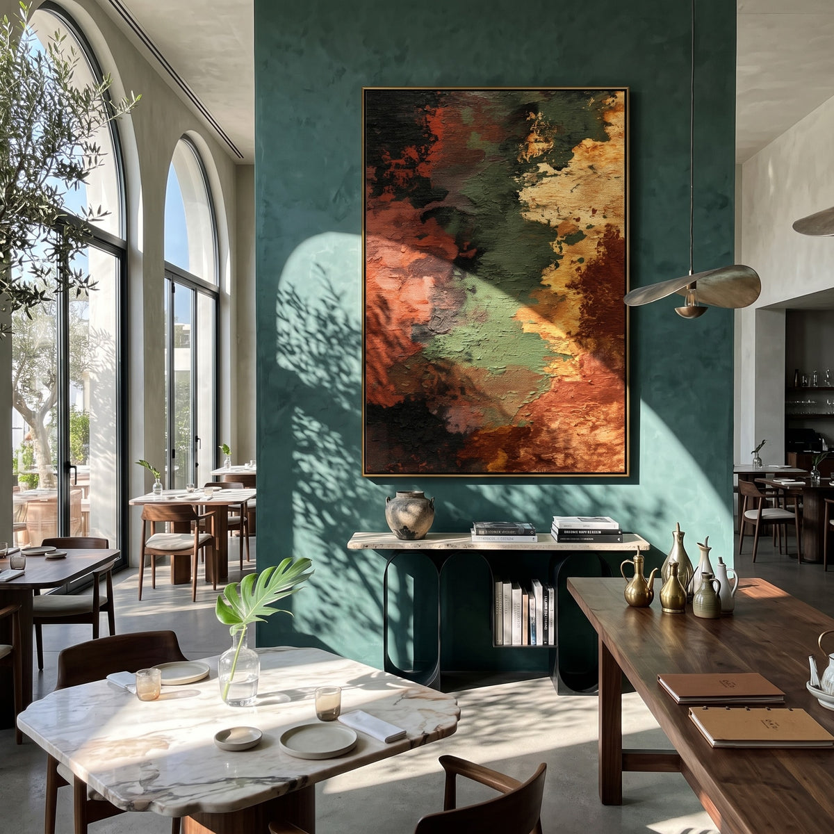 "Ember Fault" - Earth Tone Abstract Texture Painting | Rust Green & Gold Vertical Wall Art