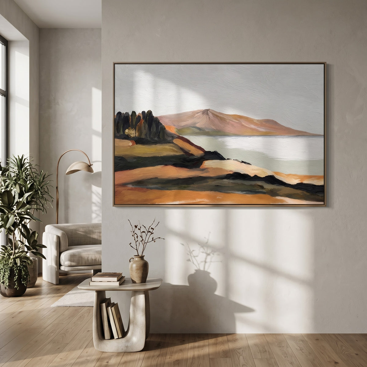 "Quiet Shoreline" - Minimalist Coastal Landscape Painting | Beige Blue & Brown Wall Art