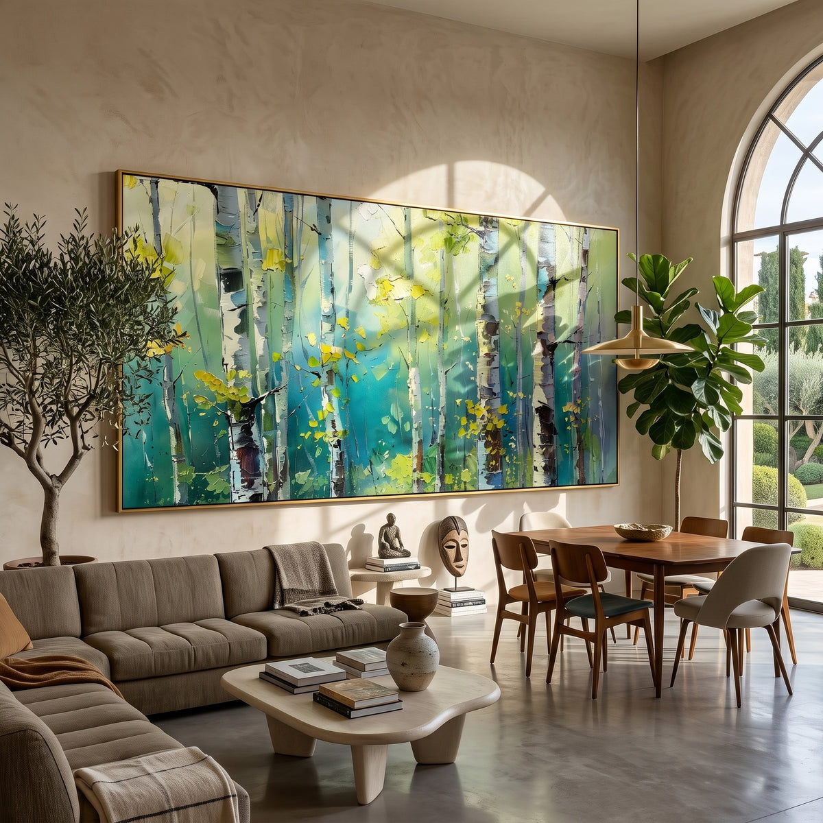 "Birch Light" - Colorful Birch Forest Painting | Green Blue & Yellow Woodland Wall Art