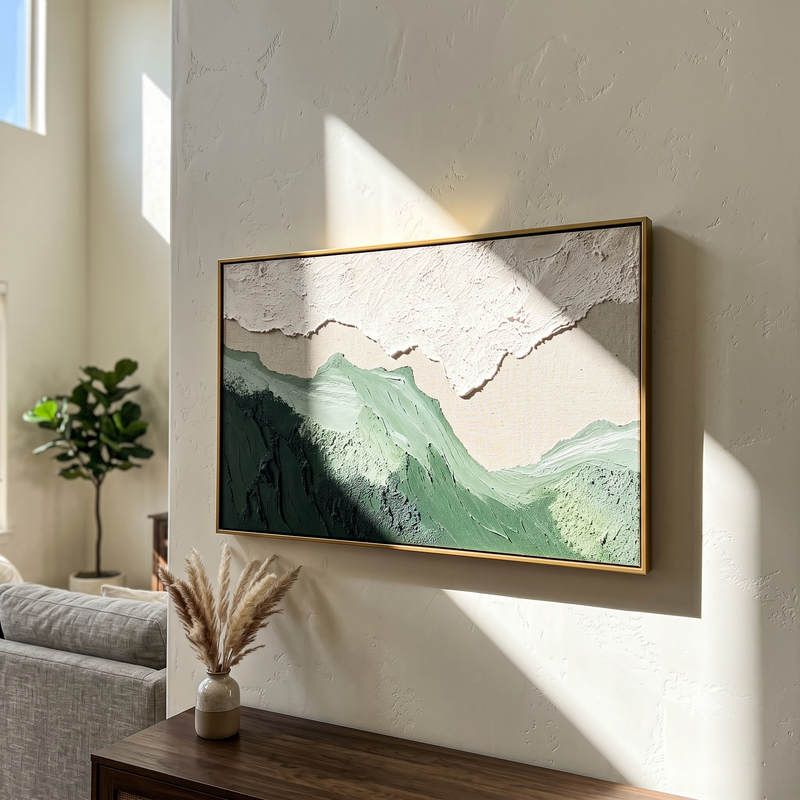 "Sage Ridge" - 3D Wabi-Sabi Mountain Relief | Green Beige & White Textured Landscape Art