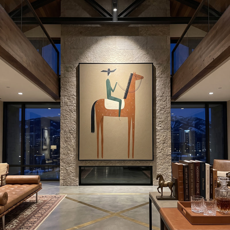 "The Rust Steed Rider" – Modern Heavy Impasto Western Art | 3D Umber & Forest Green Palette Knife Painting | Luxury Vertical Wall Art #AB 016