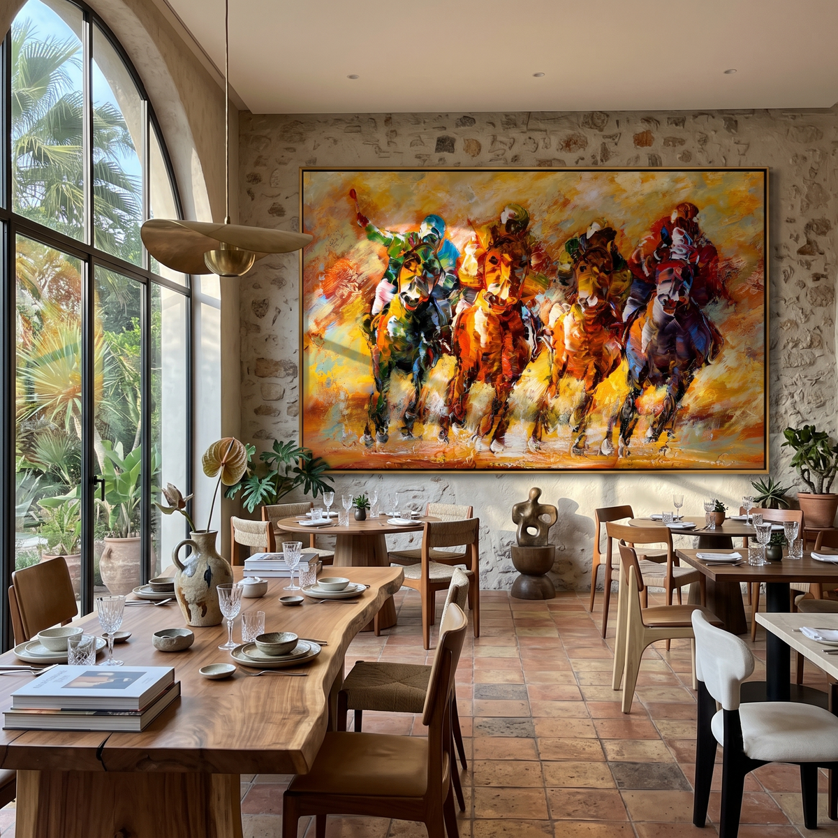 "Copper Gallop" - Golden Horse Riders Painting | Gold Brown Orange Horizontal Animal Wall Art