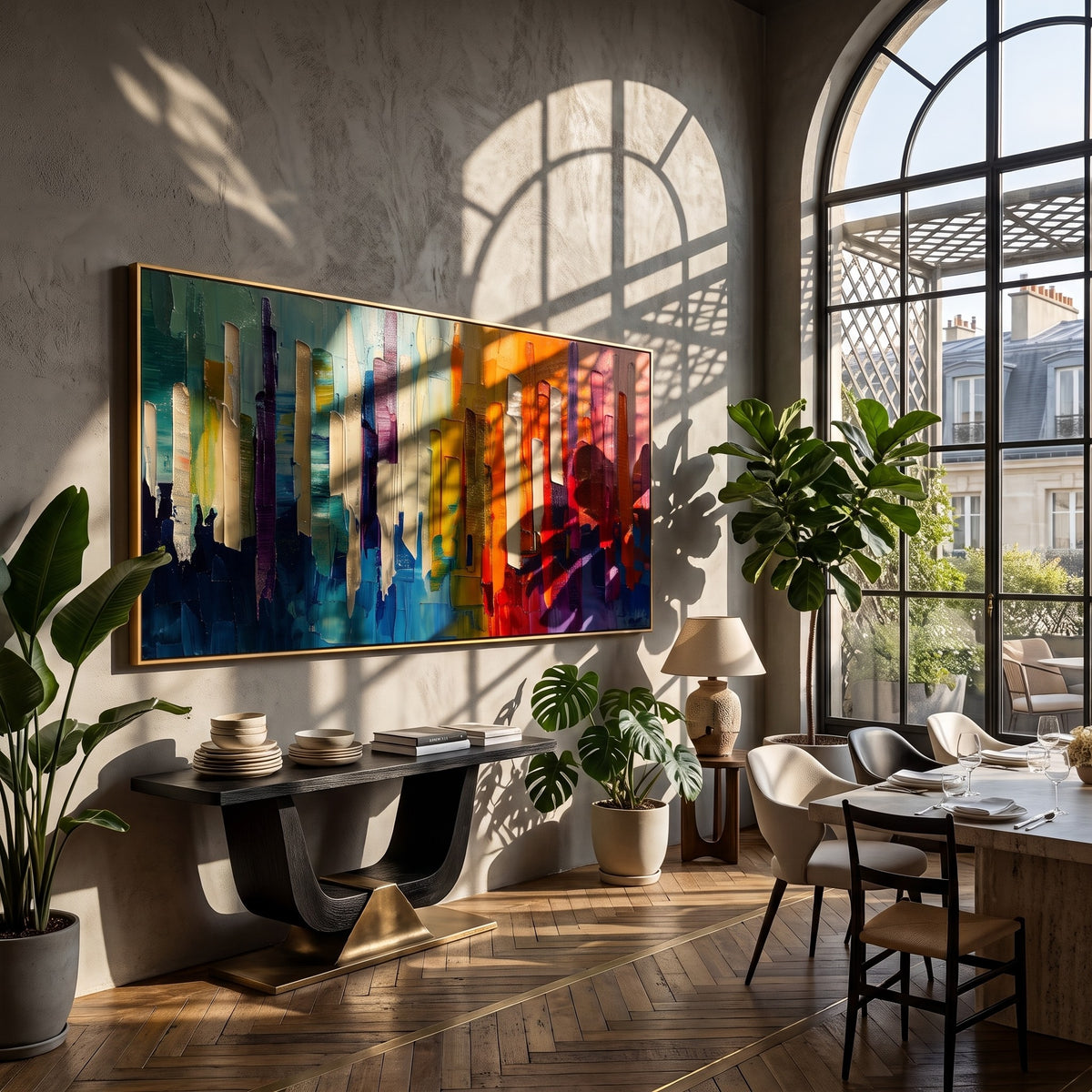 "Chromatic Skyline" - Colorful Abstract Cityscape Painting | Rainbow Vertical Forms Wall Art