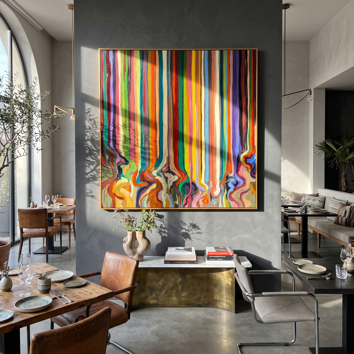 "Drifted Spectrum" - Colorful Vertical Stripe Abstract | Multicolor Square Drip Wall Art