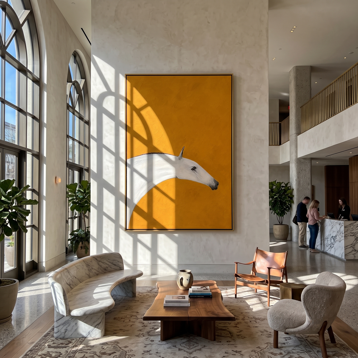 "Ochre Mare" - Minimalist White Horse Painting | Golden Yellow Vertical Animal Wall Art
