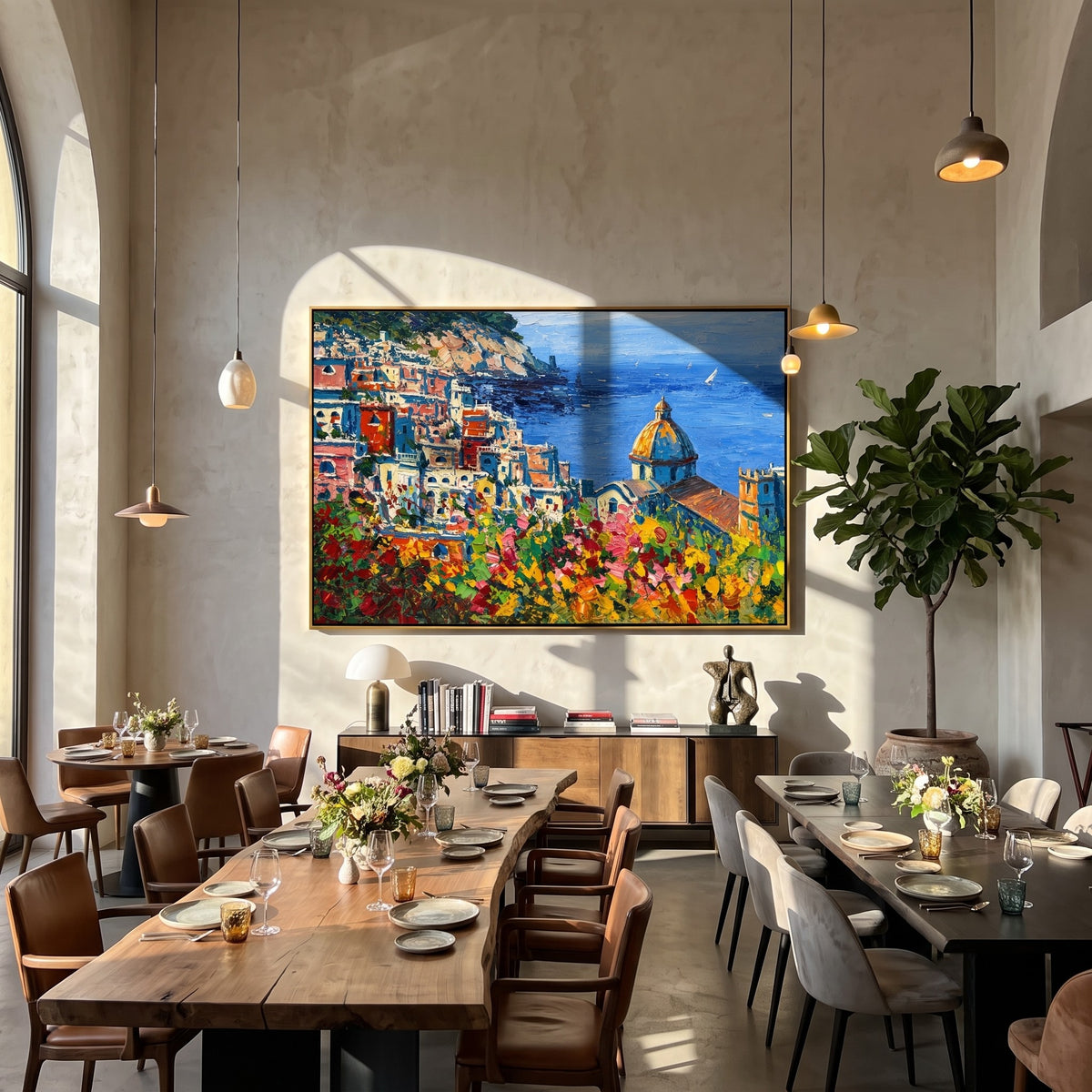 "Amalfi Bloom" - Colorful Mediterranean Coastal Landscape | Blue Sea & Floral Village Wall Art