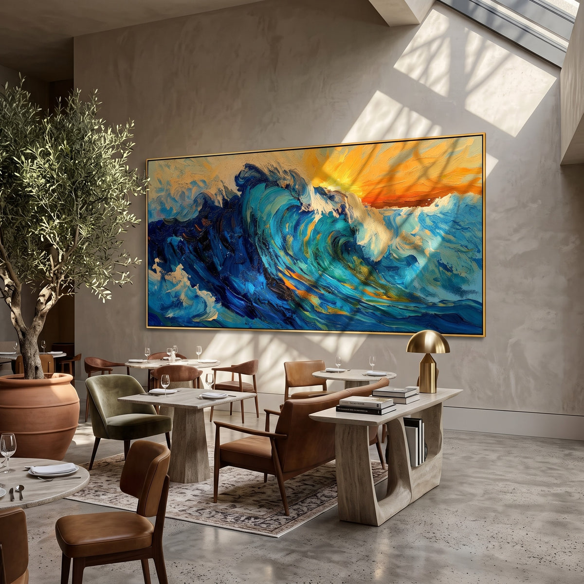 "Breakwater" - Blue Ocean Wave Impasto Painting | Blue Green White Horizontal Ocean Wall Art
