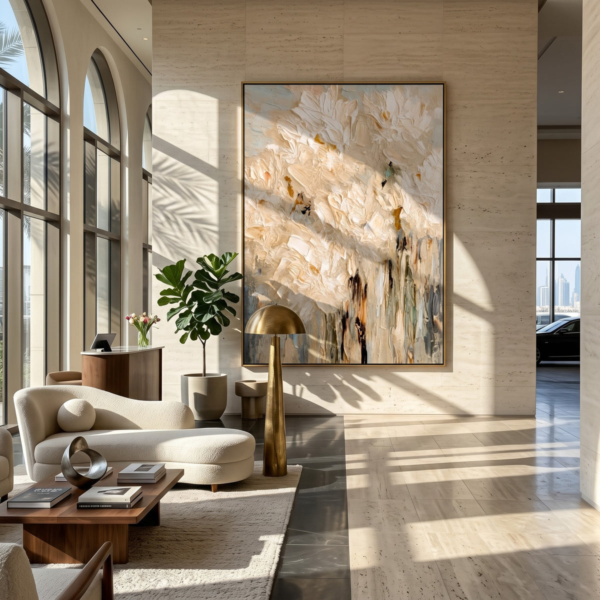 "Ivory Bloomfall" - White Impasto Floral Painting | Beige Textured Vertical Flower Wall Art