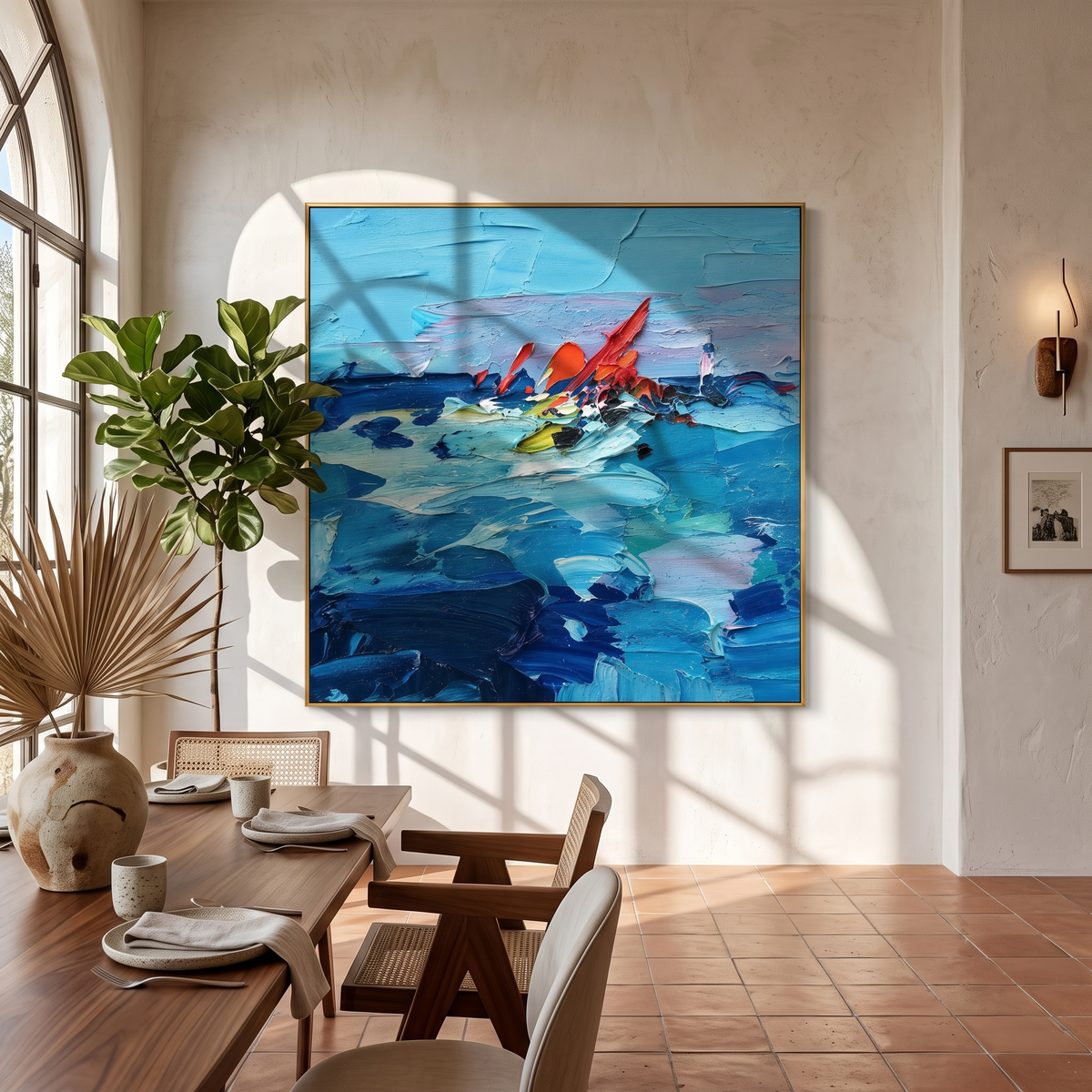 "Blue Current" - Colorful Impasto Ocean Painting | Blue Red & Yellow Seascape Wall Art