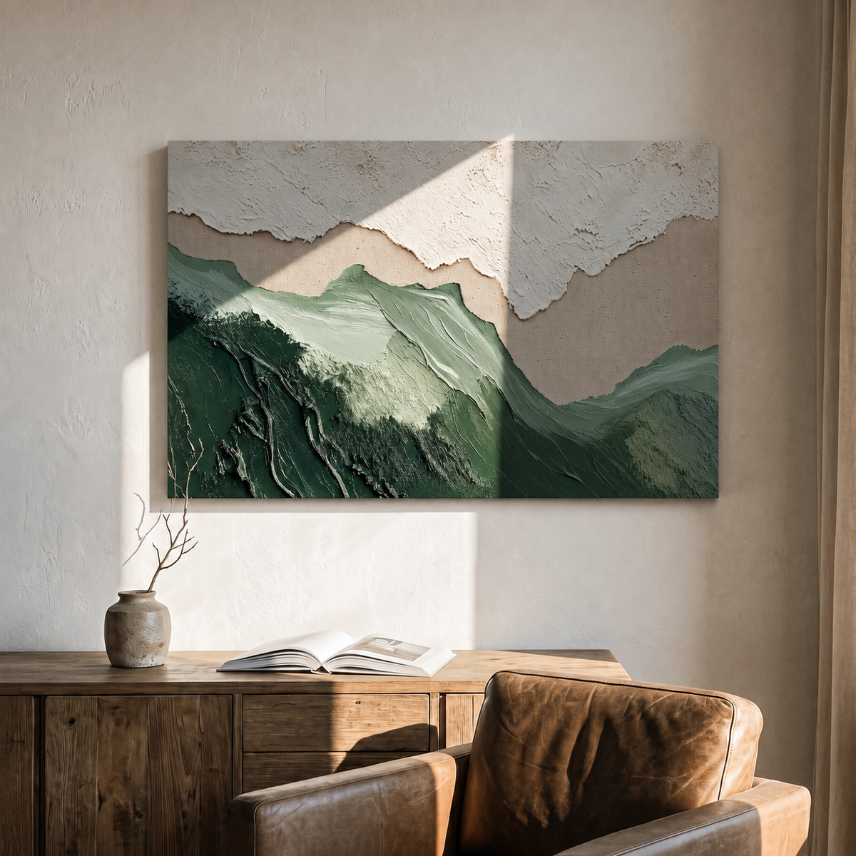 "Sage Ridge" - 3D Wabi-Sabi Mountain Relief | Green Beige & White Textured Landscape Art