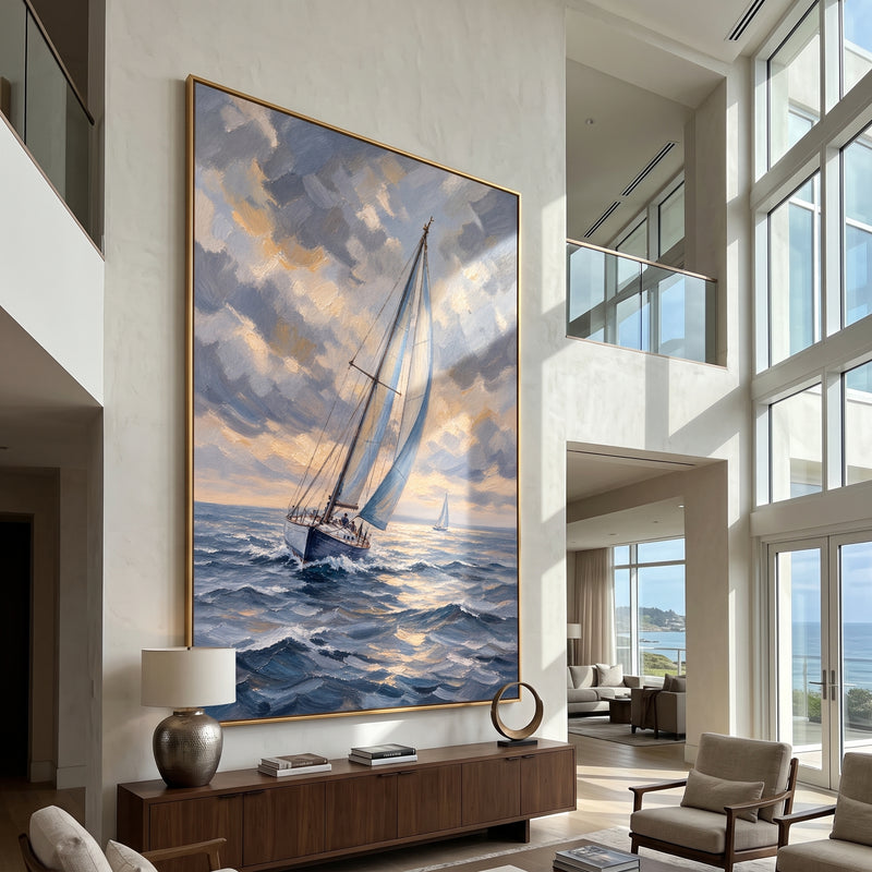 "Into the Wind" - Dramatic Sailboat Seascape Painting | Blue Grey Gold Vertical Coastal Wall Art