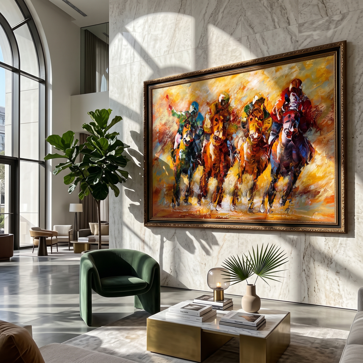 "Copper Gallop" - Golden Horse Riders Painting | Gold Brown Orange Horizontal Animal Wall Art