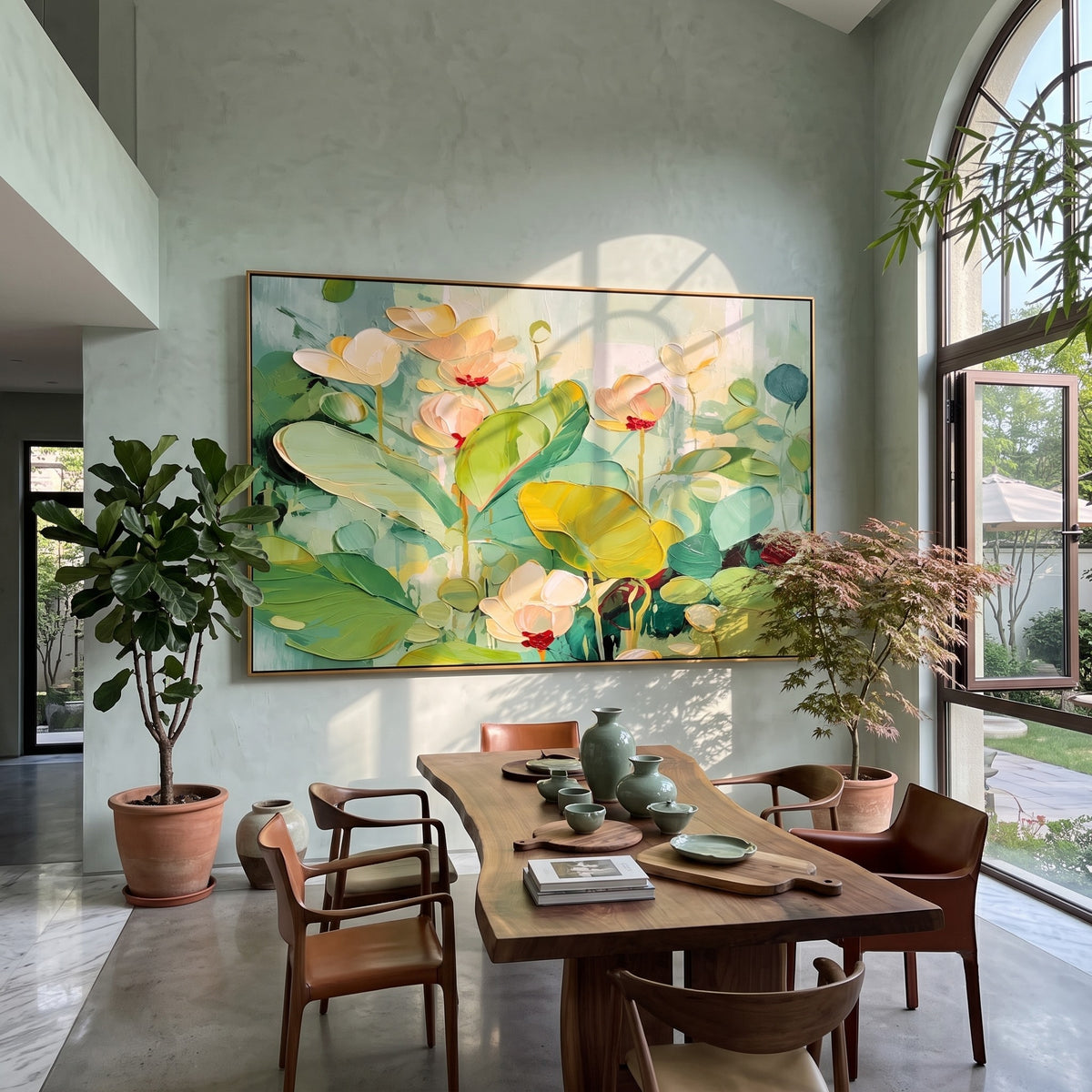 "Lotus Morning" - Soft Floral Water Lily Painting | Green White & Pink Botanical Wall Art