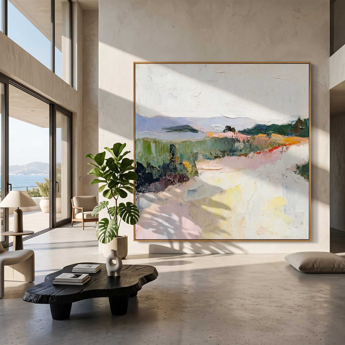 "Pastel Ridge" - Colorful Impasto Mountain Landscape | Green Pink & Yellow Textured Wall Art