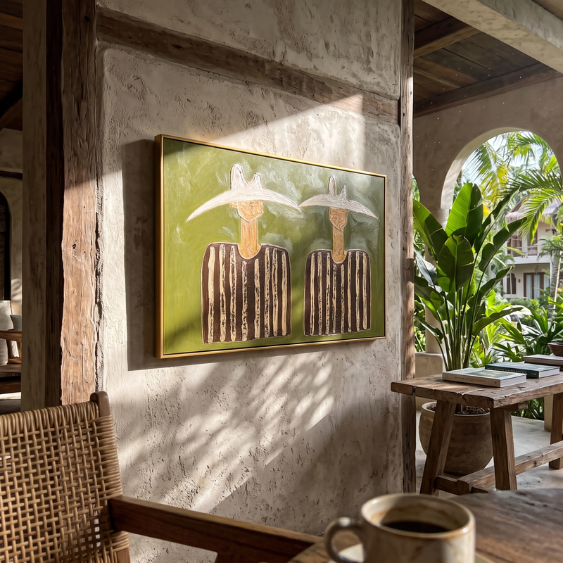 "Twin Quiet Riders" - Minimalist Western Figure Painting | Olive Green Contemporary Wall Art