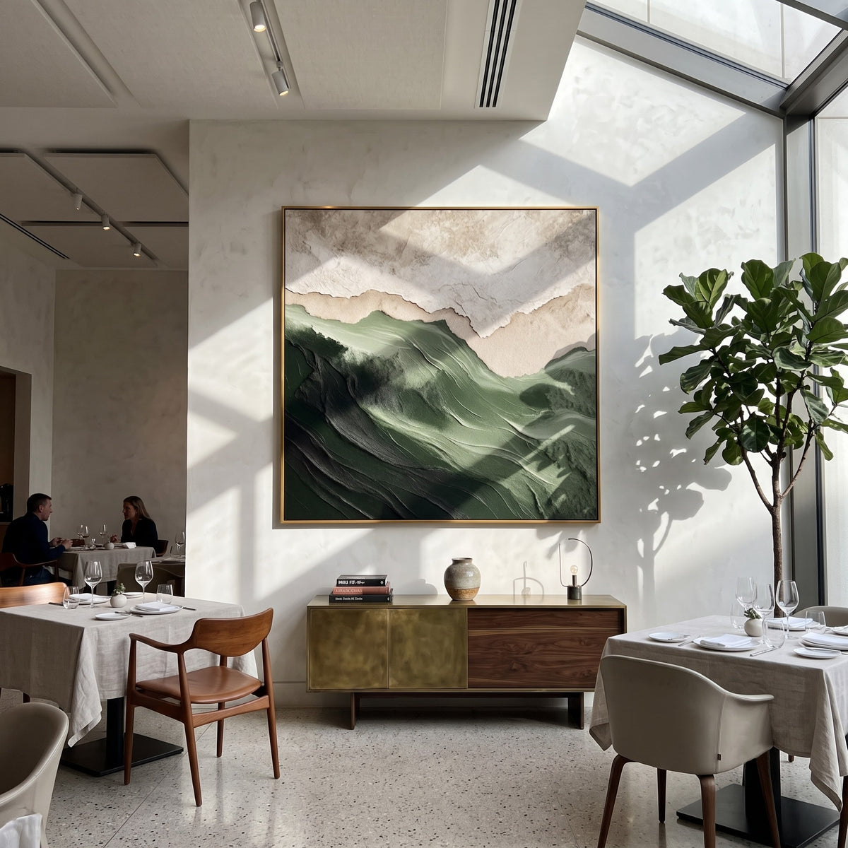 "Forest Ridge" - 3D Wabi-Sabi Mountain Relief | Green Beige & White Square Textured Art
