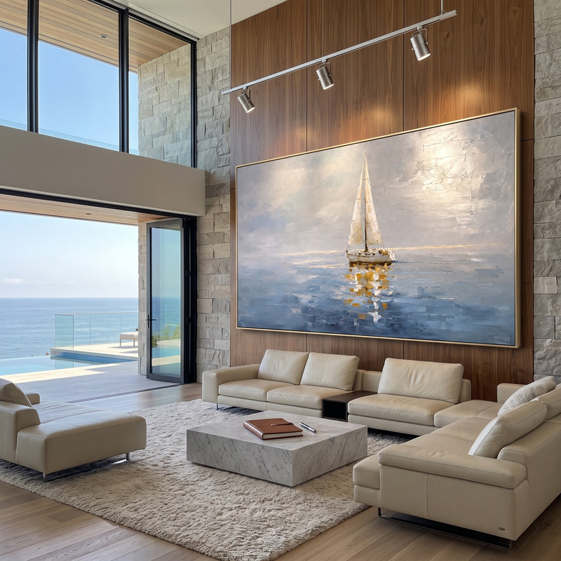 "Solitary Sail" - Grey Blue Sailboat Seascape | Grey Blue & Gold Horizontal Coastal Wall Art