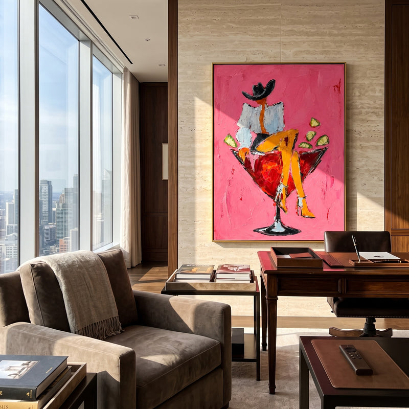 "Cowgirl in a Cocktail Glass" – Modern Heavy Impasto Figurative Art | 3D Hot Pink & Crimson Palette Knife Painting | Luxury Vertical Wall Art#AB 003