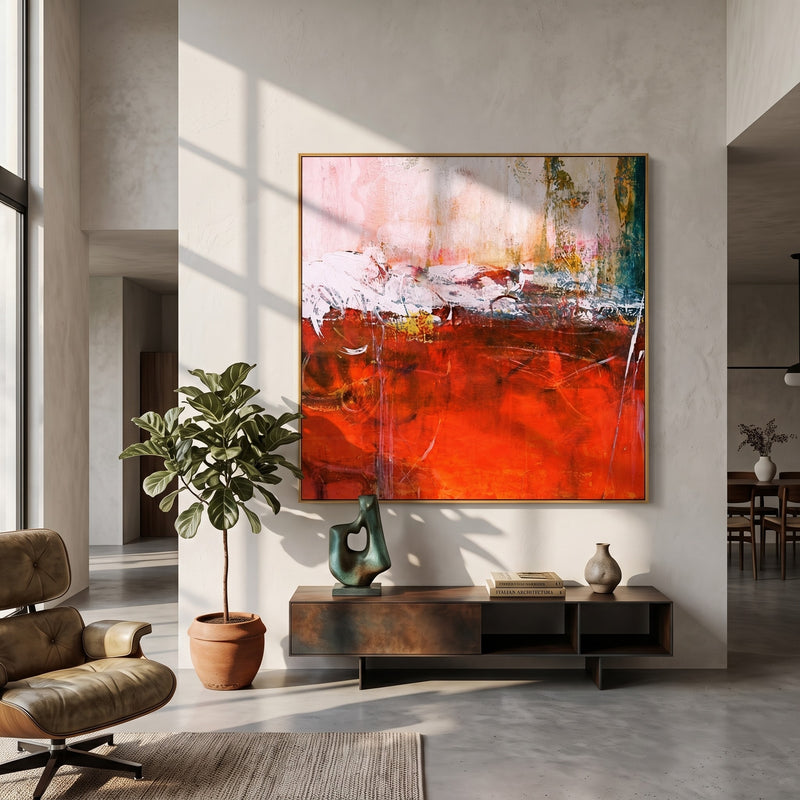 "Ember Divide" - Red White & Gold Textured Abstract Painting | Contemporary Square Statement Art