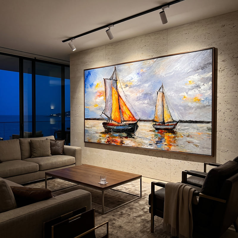 "Ember Sails" - Orange Sailboat Regatta Painting | Blue Orange Gold Horizontal Coastal Wall Art