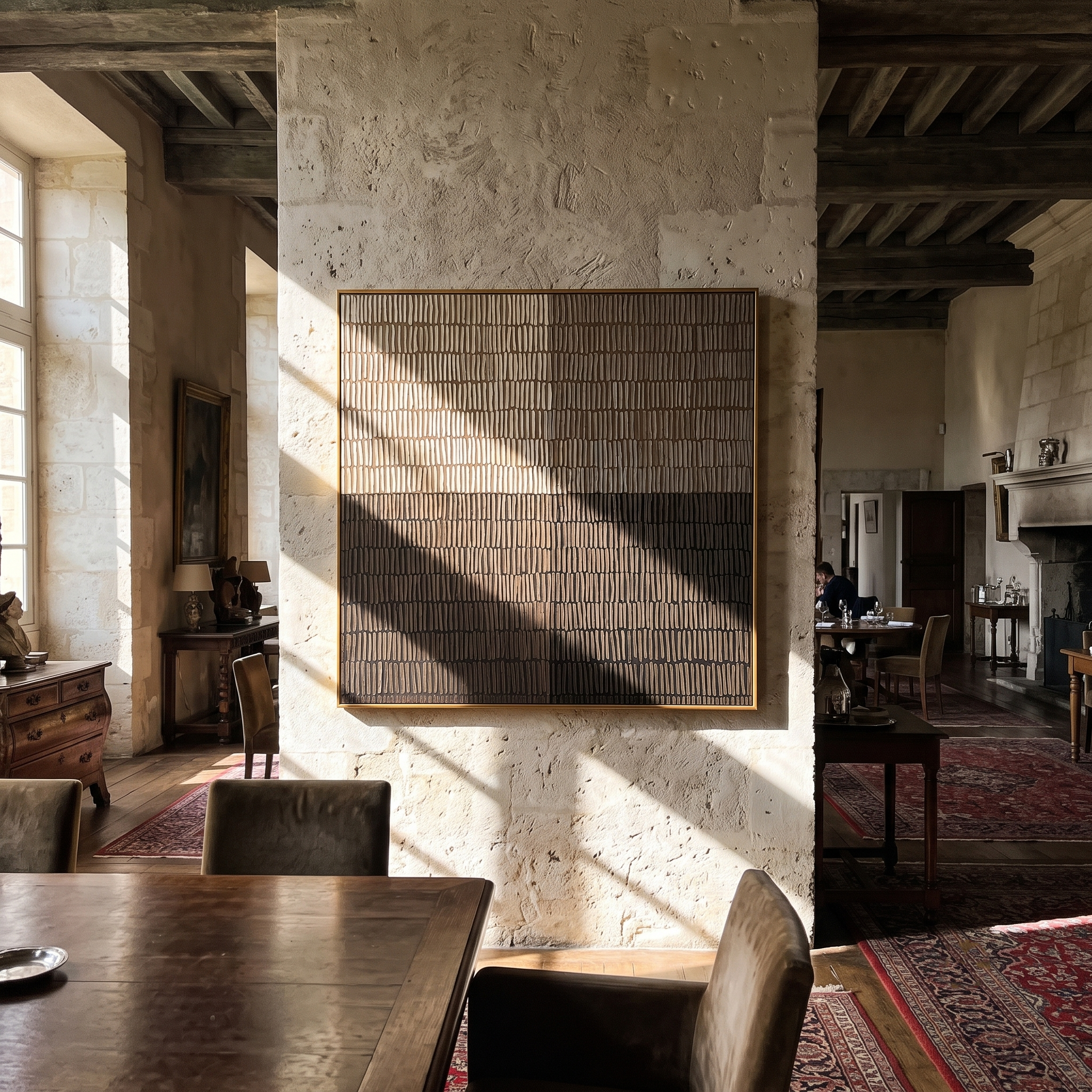 "Measured Silence" - 3D Minimalist Plaster Grid Relief | Beige Grey & Black Square Textured Art