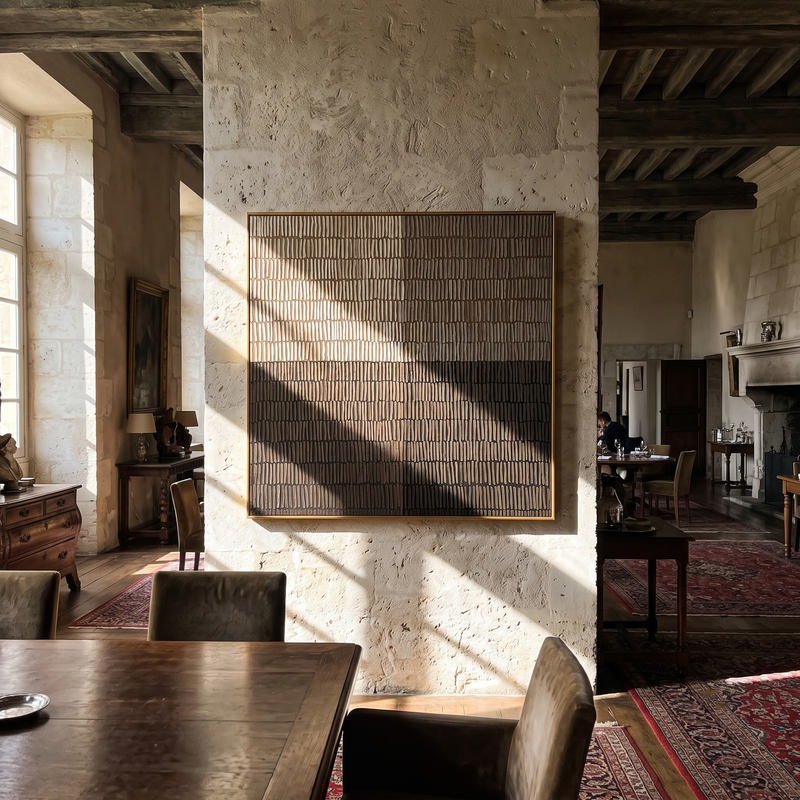 "Measured Silence" - 3D Minimalist Plaster Grid Relief | Beige Grey & Black Square Textured Art