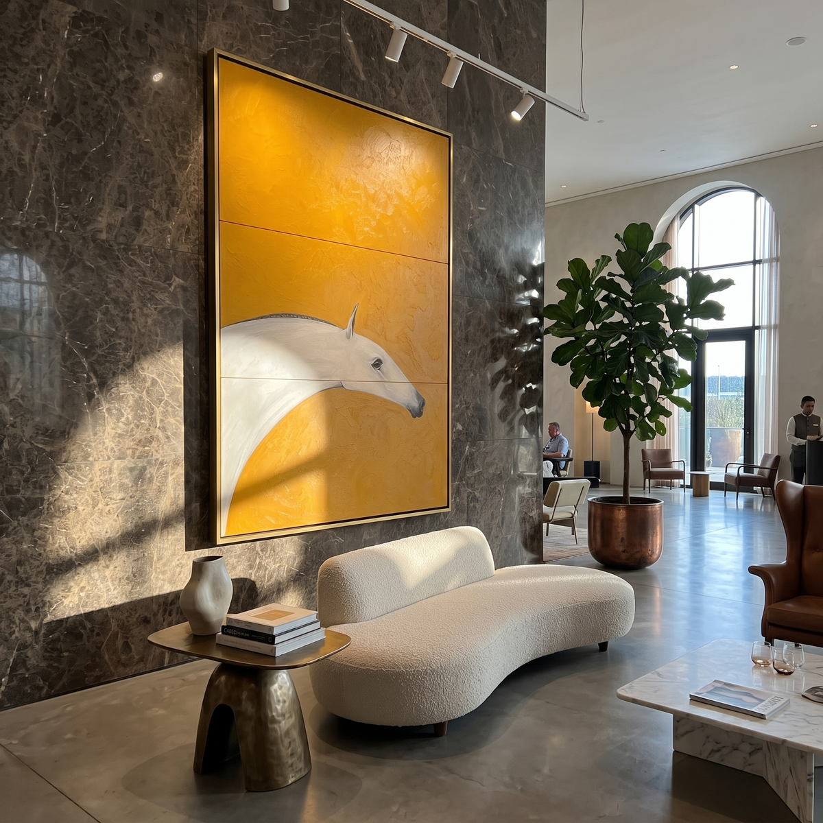 "Ochre Mare" - Minimalist White Horse Painting | Golden Yellow Vertical Animal Wall Art