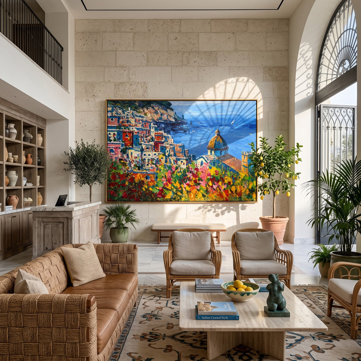 "Amalfi Bloom" - Colorful Mediterranean Coastal Landscape | Blue Sea & Floral Village Wall Art