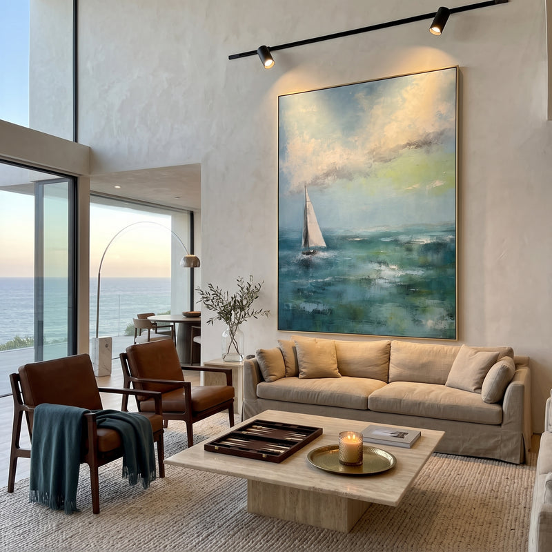 "Sea Glass Sail" - Blue Green Sailboat Seascape Painting | Blue Green White Vertical Coastal Wall Art