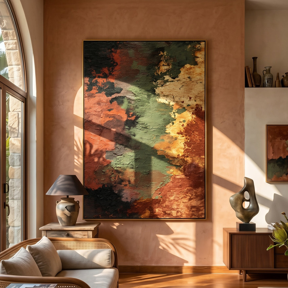 "Ember Fault" - Earth Tone Abstract Texture Painting | Rust Green & Gold Vertical Wall Art