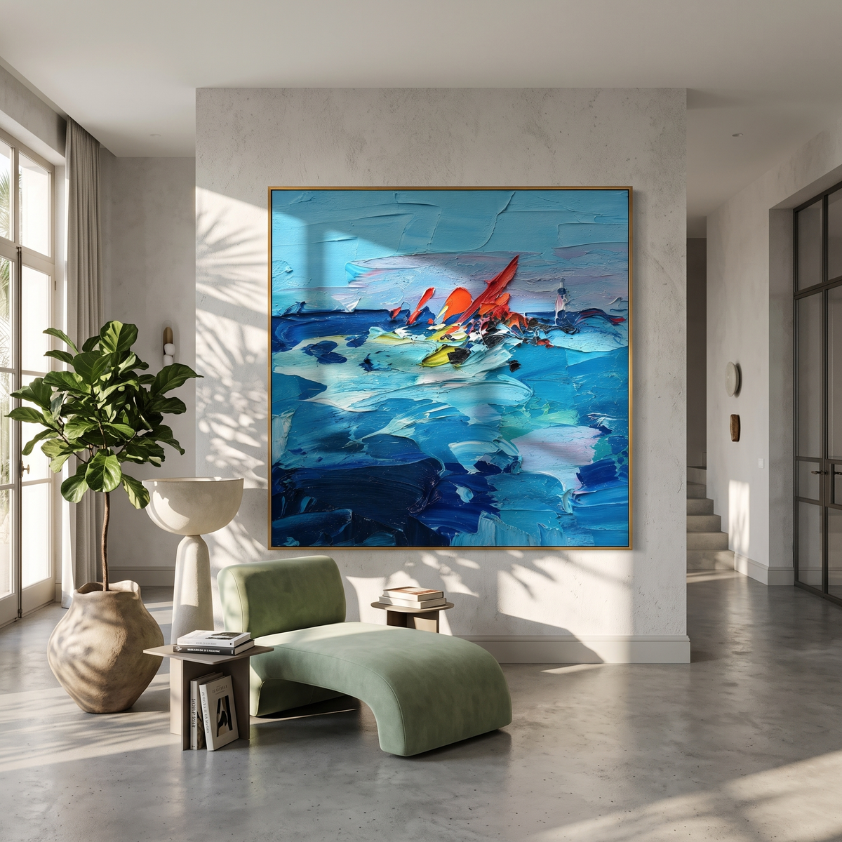 "Blue Current" - Colorful Impasto Ocean Painting | Blue Red & Yellow Seascape Wall Art
