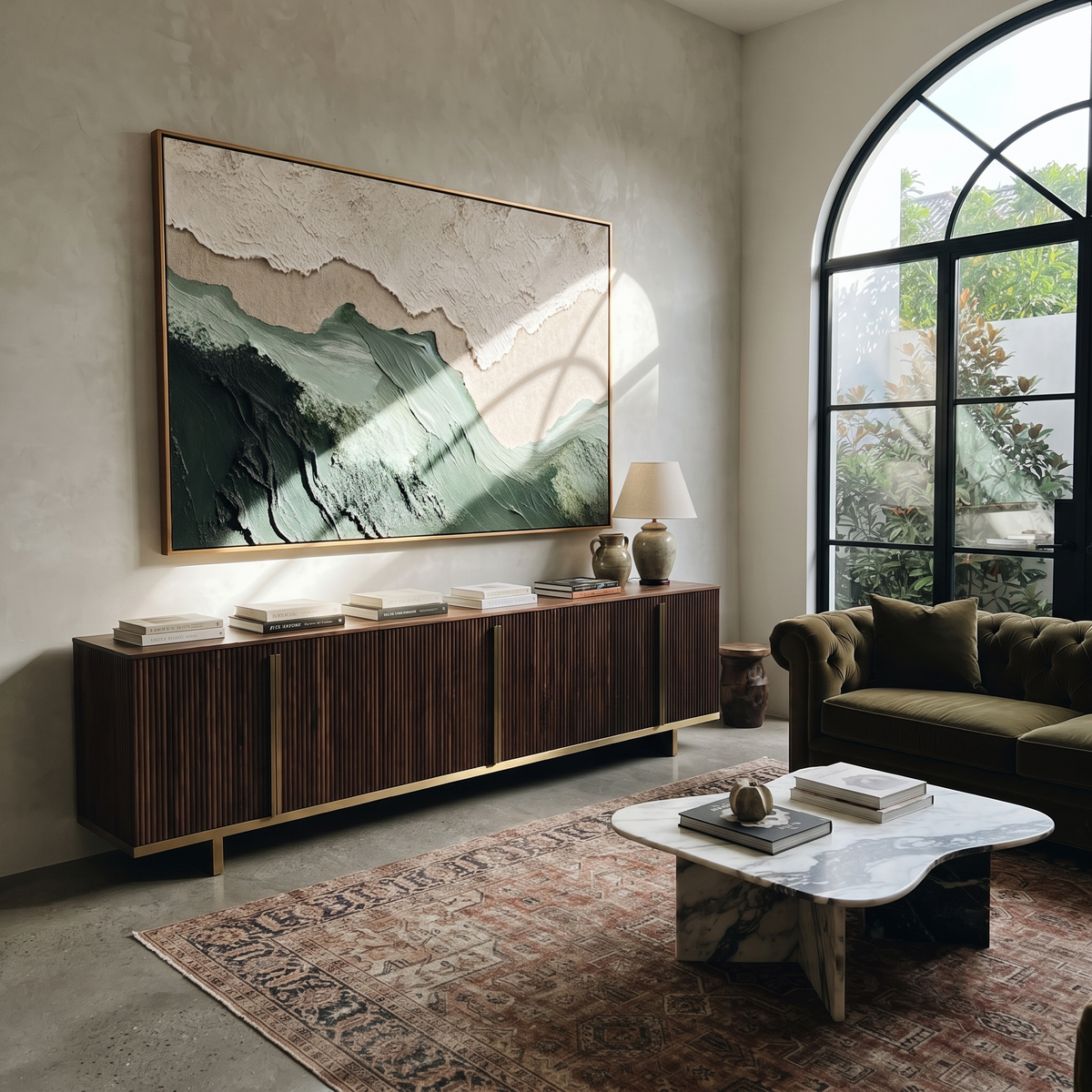 "Sage Ridge" - 3D Wabi-Sabi Mountain Relief | Green Beige & White Textured Landscape Art