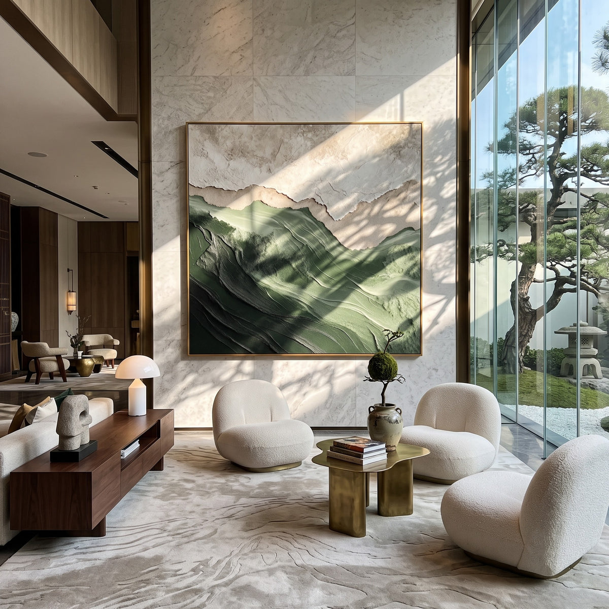 "Forest Ridge" - 3D Wabi-Sabi Mountain Relief | Green Beige & White Square Textured Art