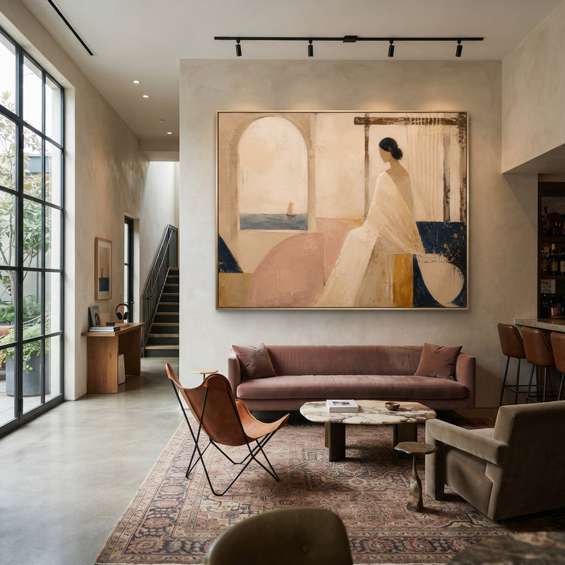 "Harbor Reverie" - Minimalist Seated Woman & Sailboat | Beige Pink & Navy Mediterranean Coastal Wall Art