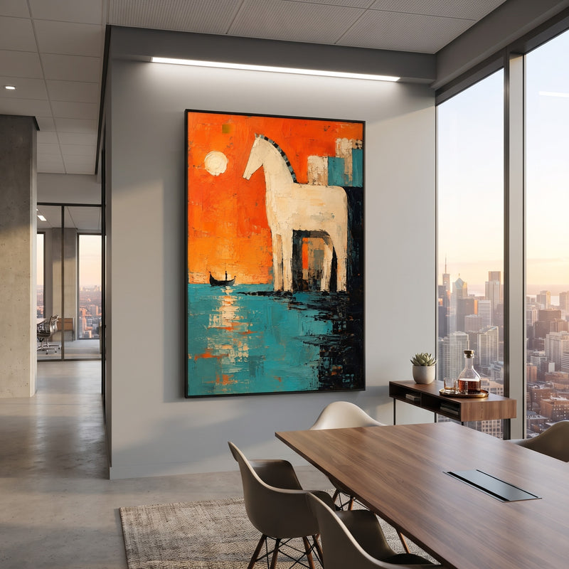 "Ember Passage" - Textured White Horse & Boat | Orange Teal Mediterranean Animal Statement Art