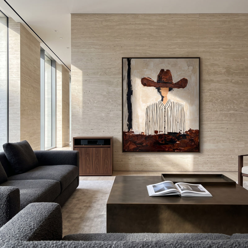 "Modern Cowboy in Stripes" – Contemporary Heavy Impasto Portrait | 3D Cinnamon & Cream Palette Knife Painting | Luxury Vertical Wall Art #PE 011