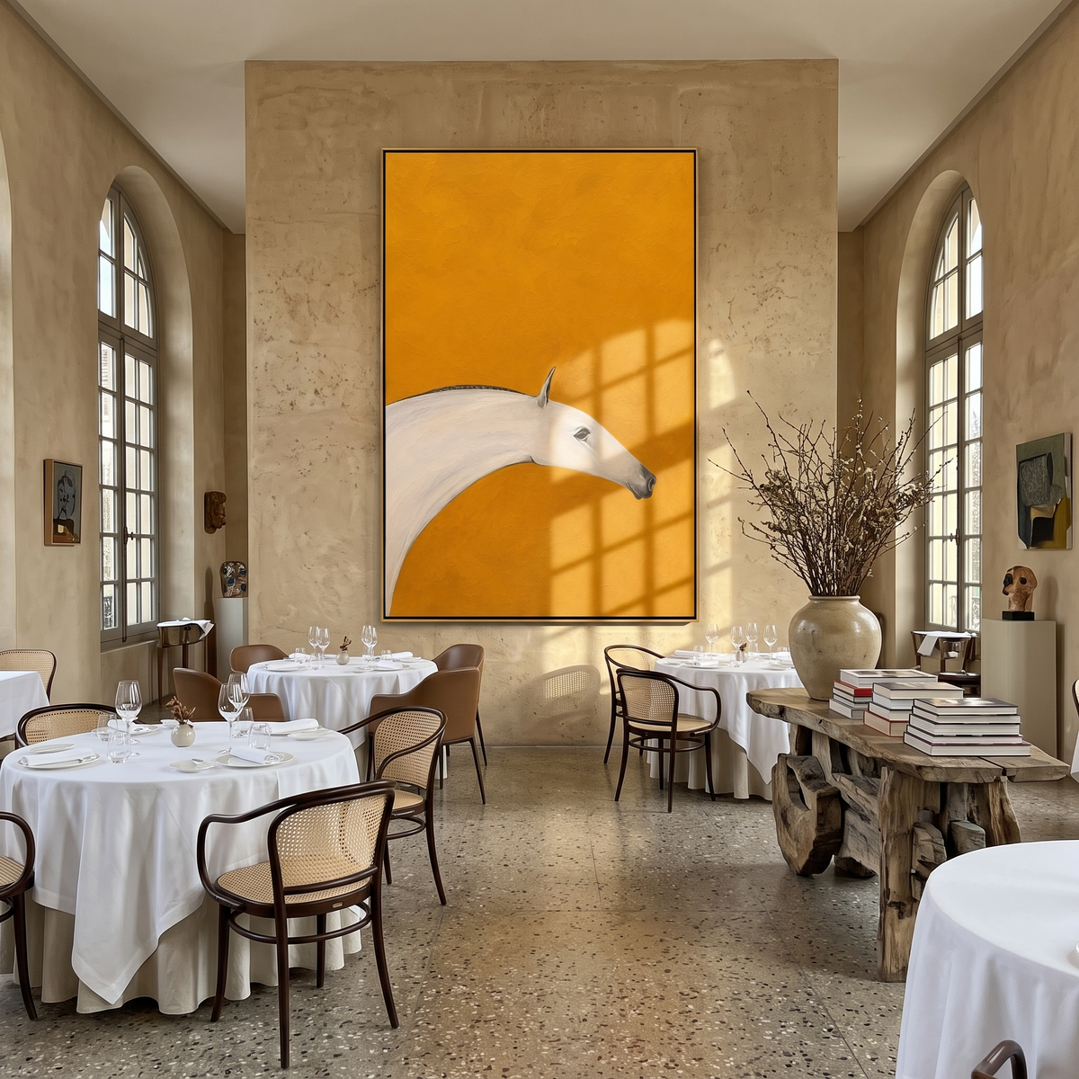 "Ochre Mare" - Minimalist White Horse Painting | Golden Yellow Vertical Animal Wall Art