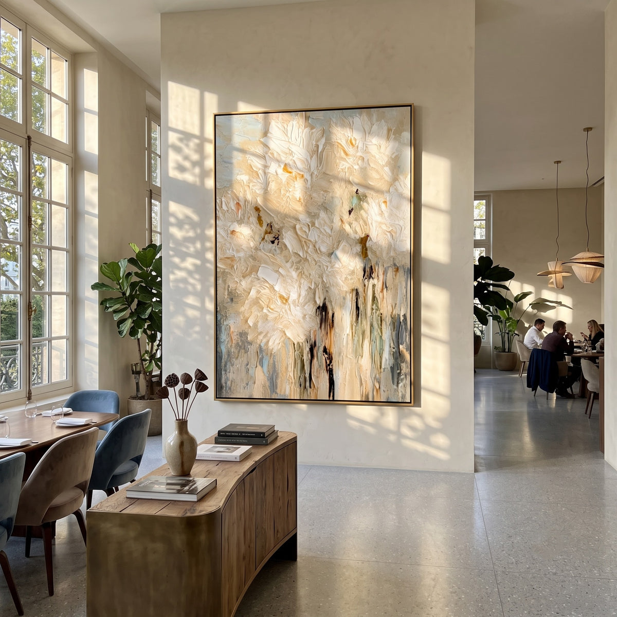 "Ivory Bloomfall" - White Impasto Floral Painting | Beige Textured Vertical Flower Wall Art
