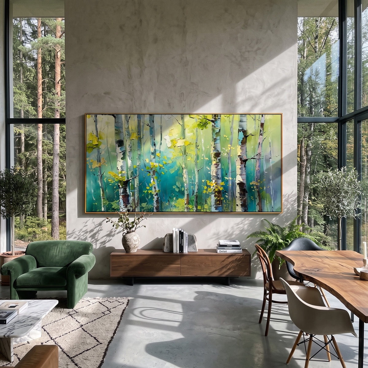 "Birch Light" - Colorful Birch Forest Painting | Green Blue & Yellow Woodland Wall Art