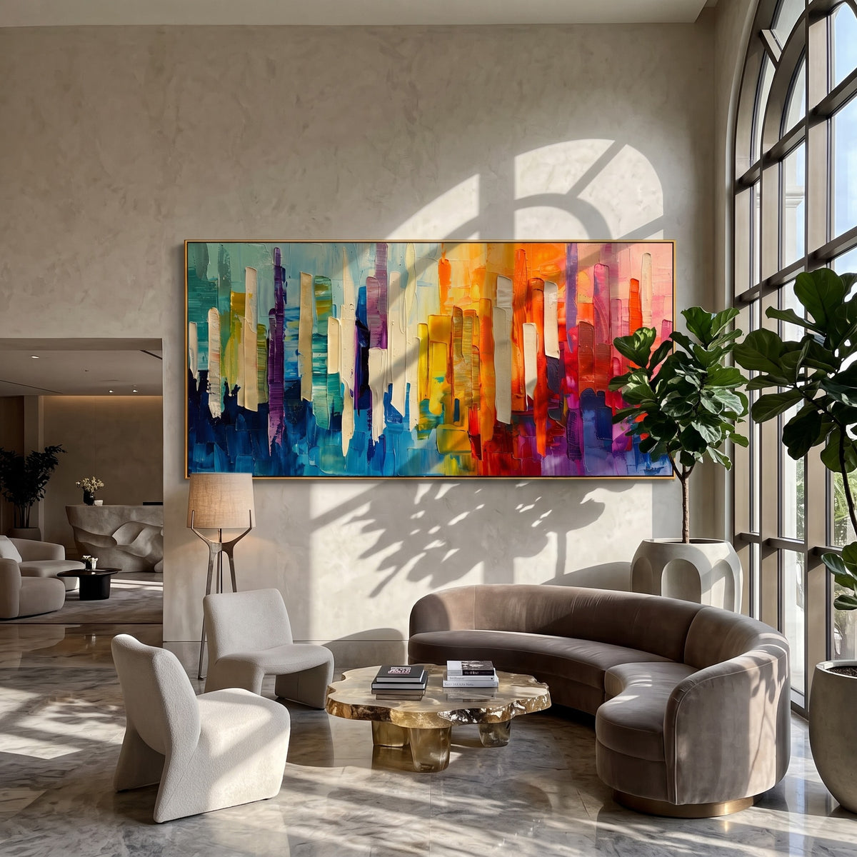 "Chromatic Skyline" - Colorful Abstract Cityscape Painting | Rainbow Vertical Forms Wall Art