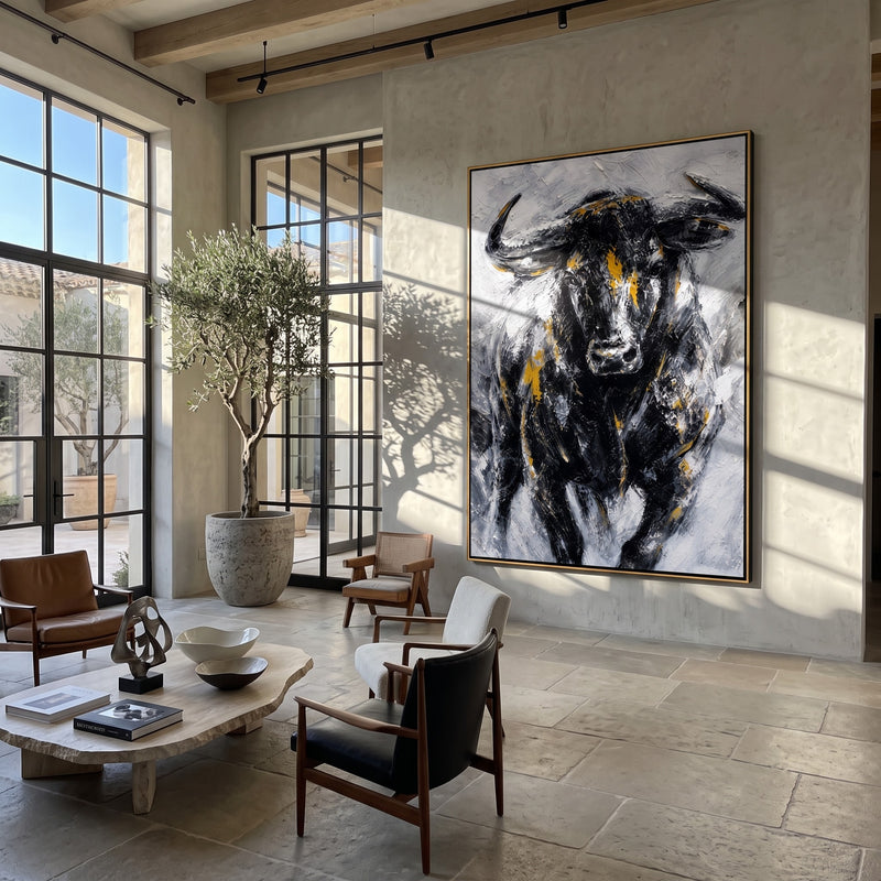 "Iron Buffalo" - Black White & Gold Textured Buffalo Portrait | Vertical Animal Wall Art