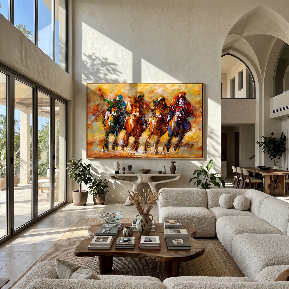 "Copper Gallop" - Golden Horse Riders Painting | Gold Brown Orange Horizontal Animal Wall Art