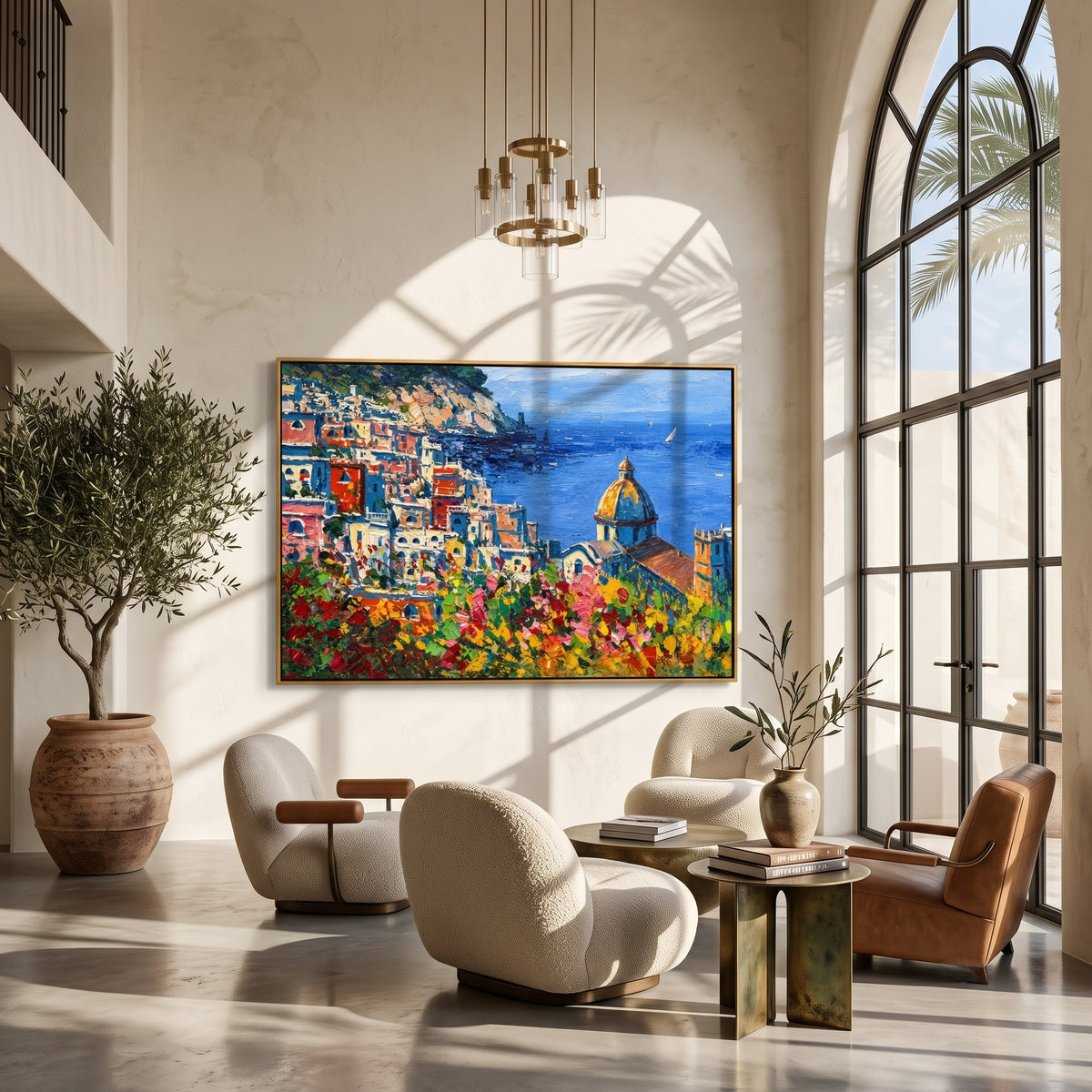 "Amalfi Bloom" - Colorful Mediterranean Coastal Landscape | Blue Sea & Floral Village Wall Art