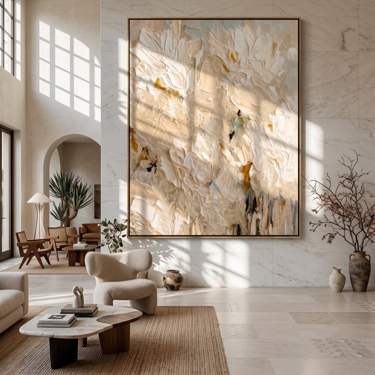 "Ivory Bloomfall" - White Impasto Floral Painting | Beige Textured Vertical Flower Wall Art